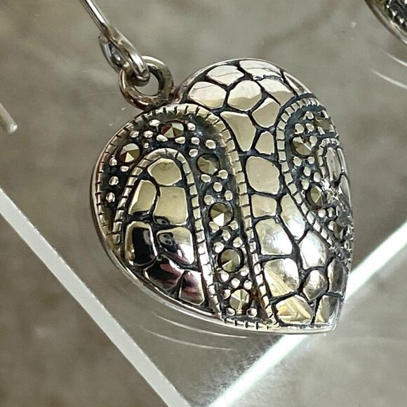 Sterling Silver 925 Marcasite Puffy Heart Threader Style Dangle Drop Earrings - Picture 9 of 16